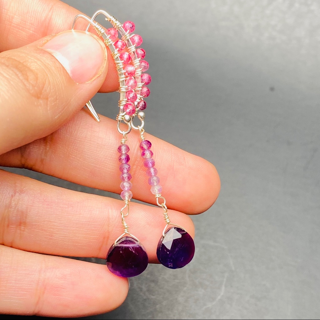Pink Sapphire & Amethyst Sterling Dangle Earrings